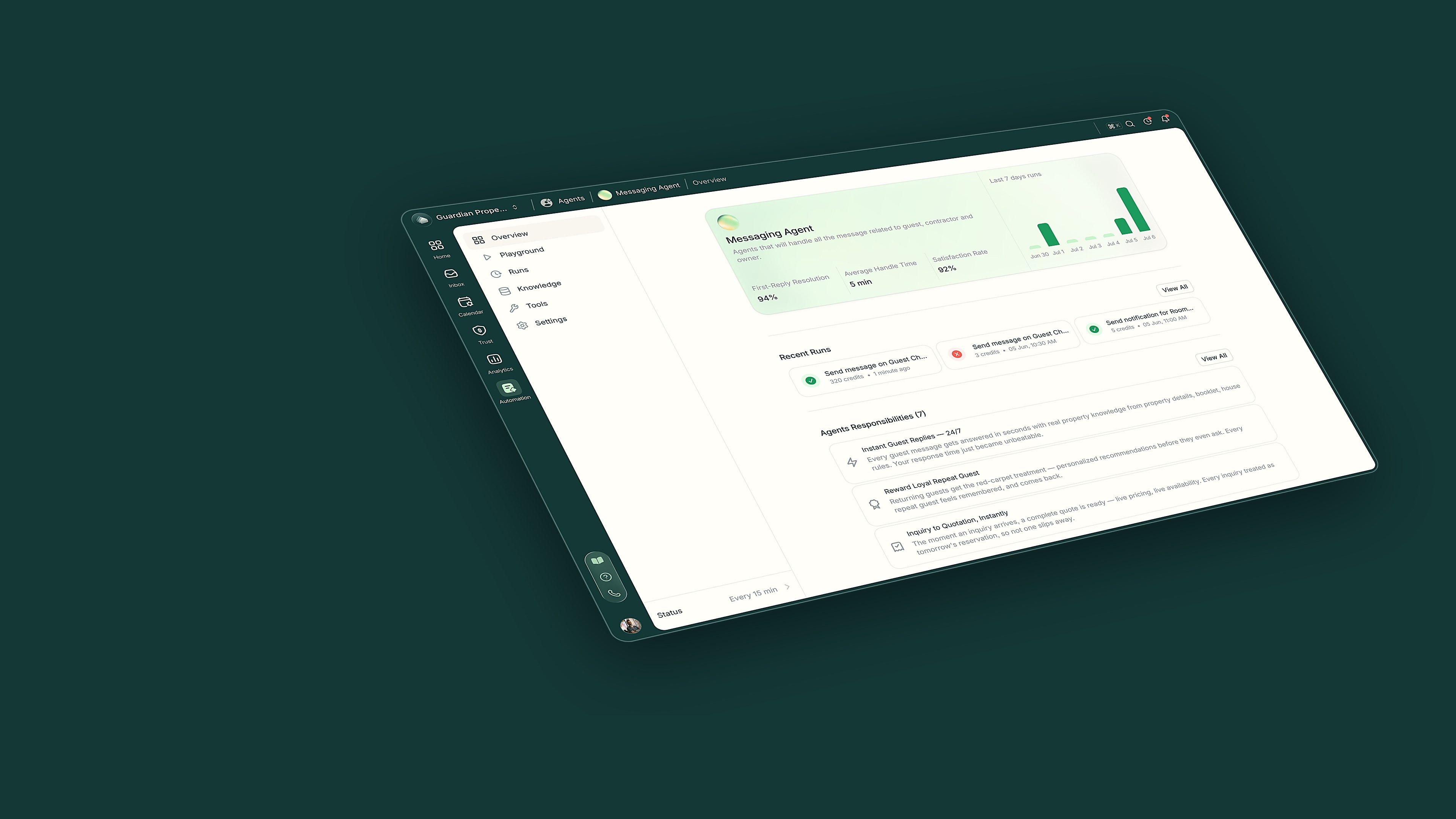 The Messaging Agent's overview angled on deep teal — first-reply resolution, handle time and satisfaction above recent runs