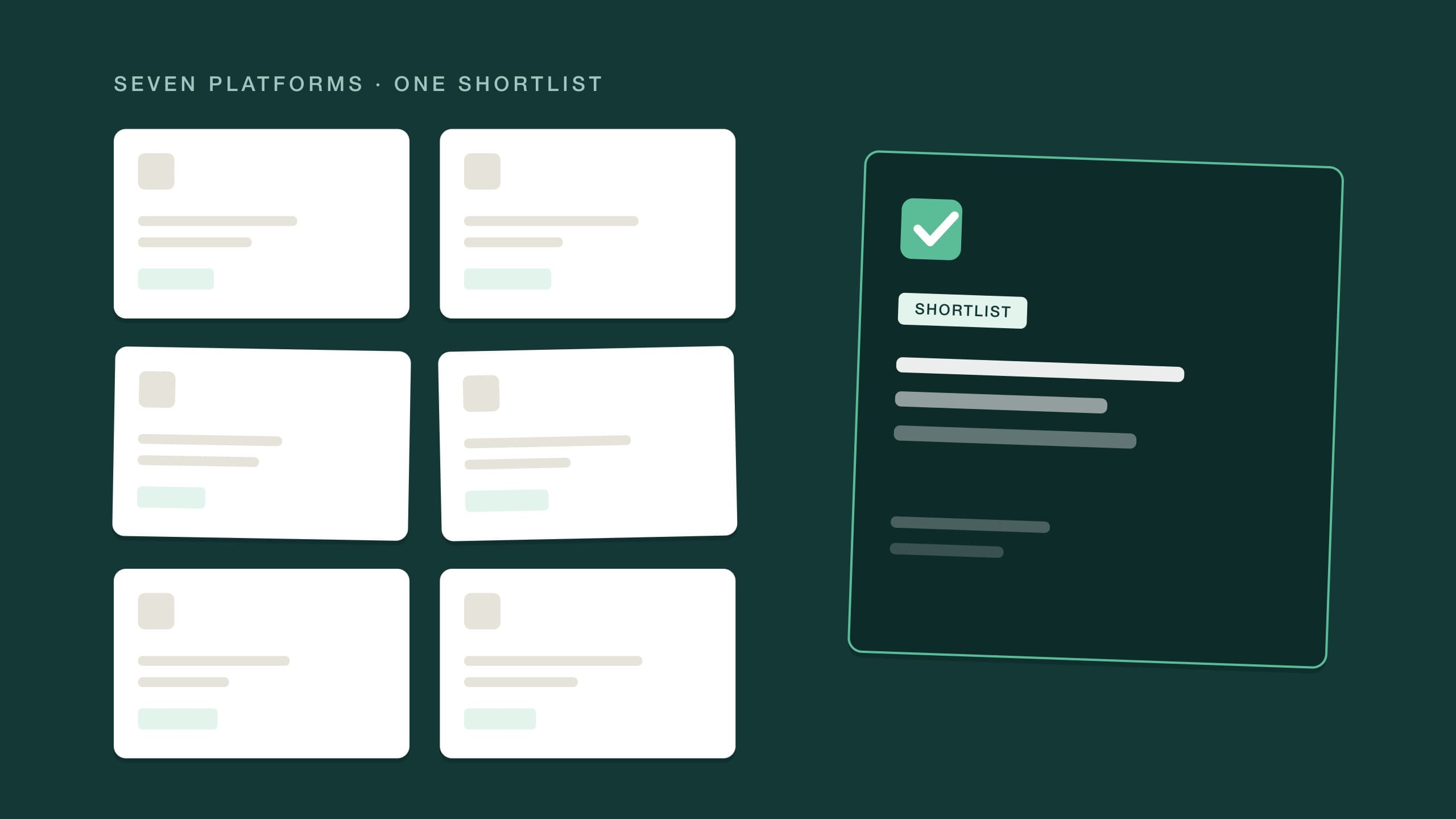 Seven abstract software platform cards arranged in a grid, one highlighted in deep teal with a green check mark