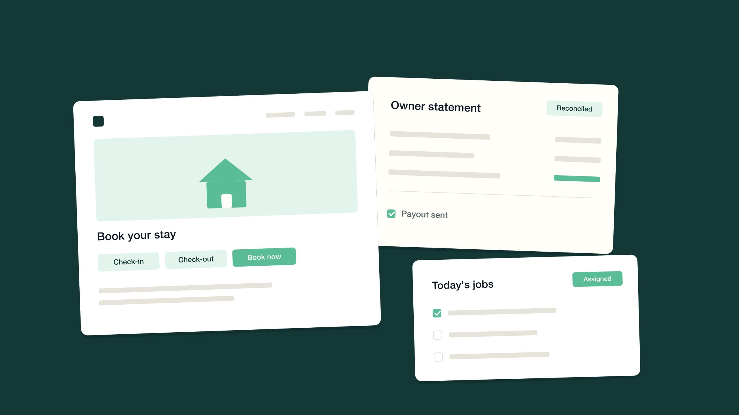 Booking-site card with a Book now button in front, owner statement and task cards stacked behind on deep teal