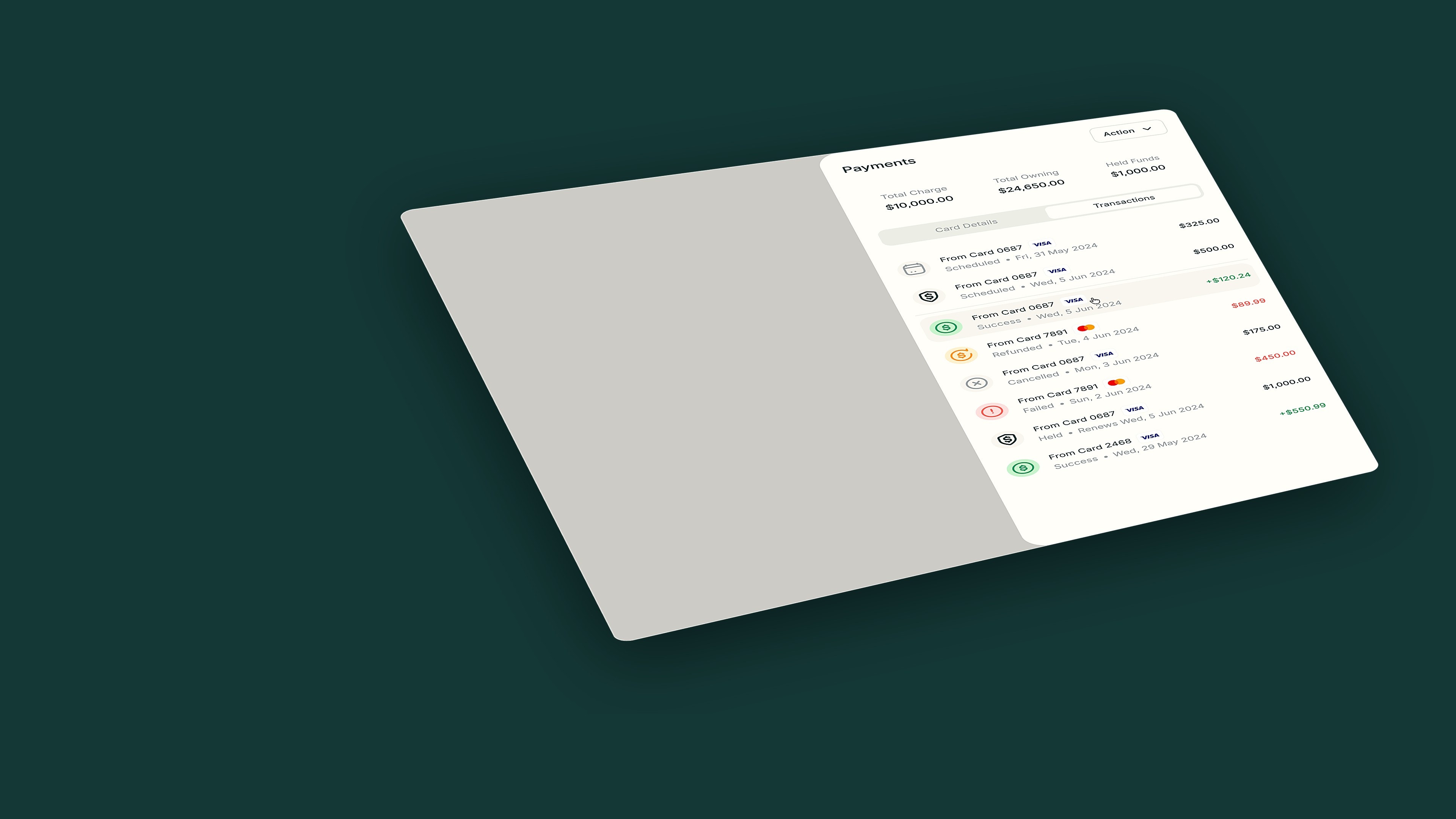 Reservation payments list with scheduled, successful, refunded, failed and held charges on a deep teal background