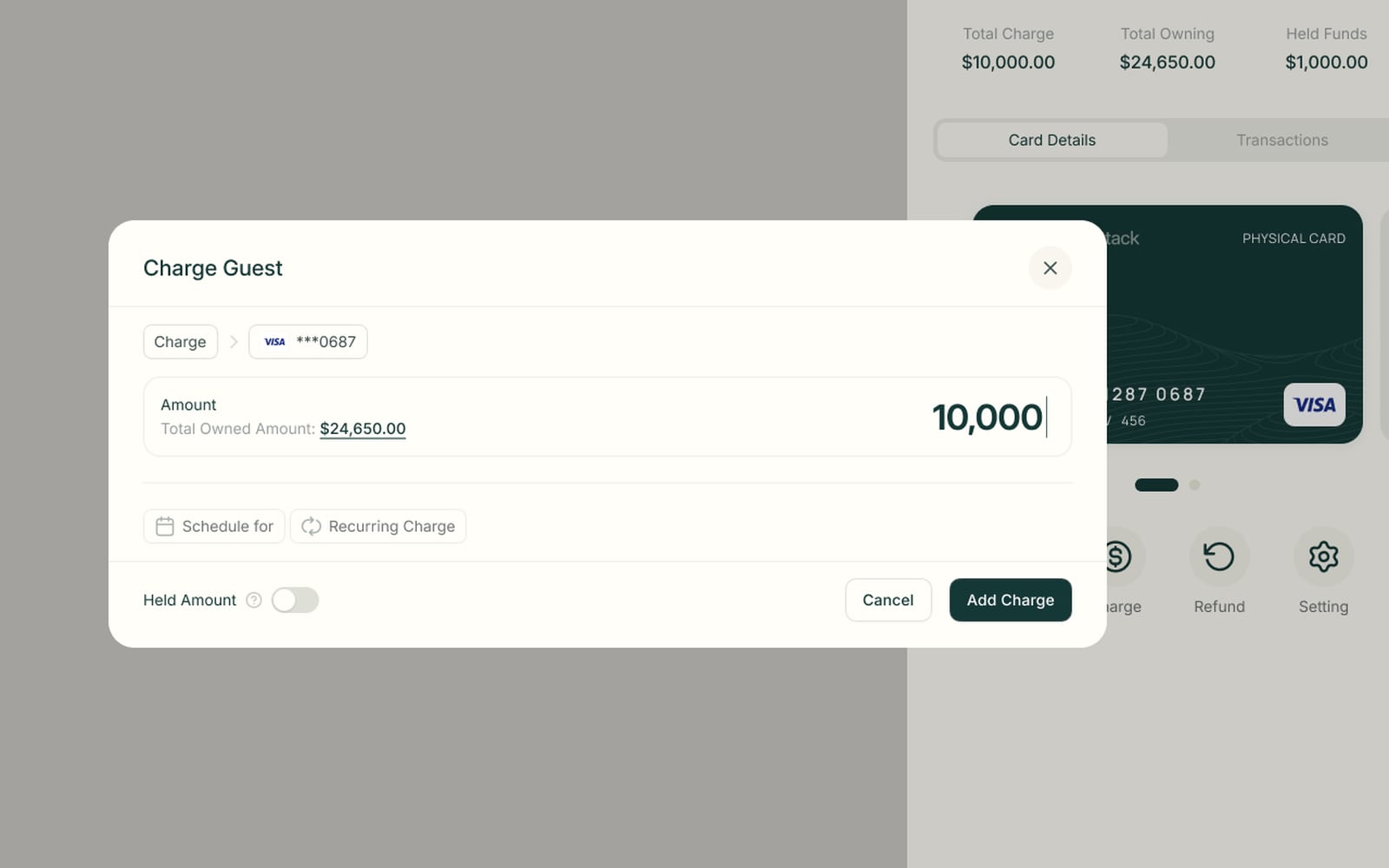 Charge Guest modal with an amount, a saved Visa card, Schedule for and Recurring Charge options and a Held Amount toggle