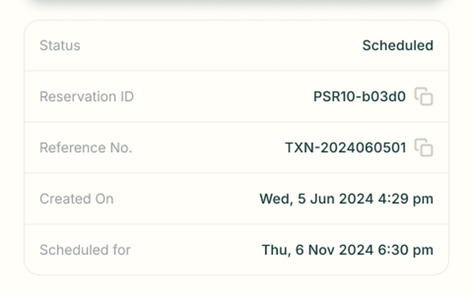 Scheduled charge details listing status, reservation ID, reference number, and created and scheduled dates