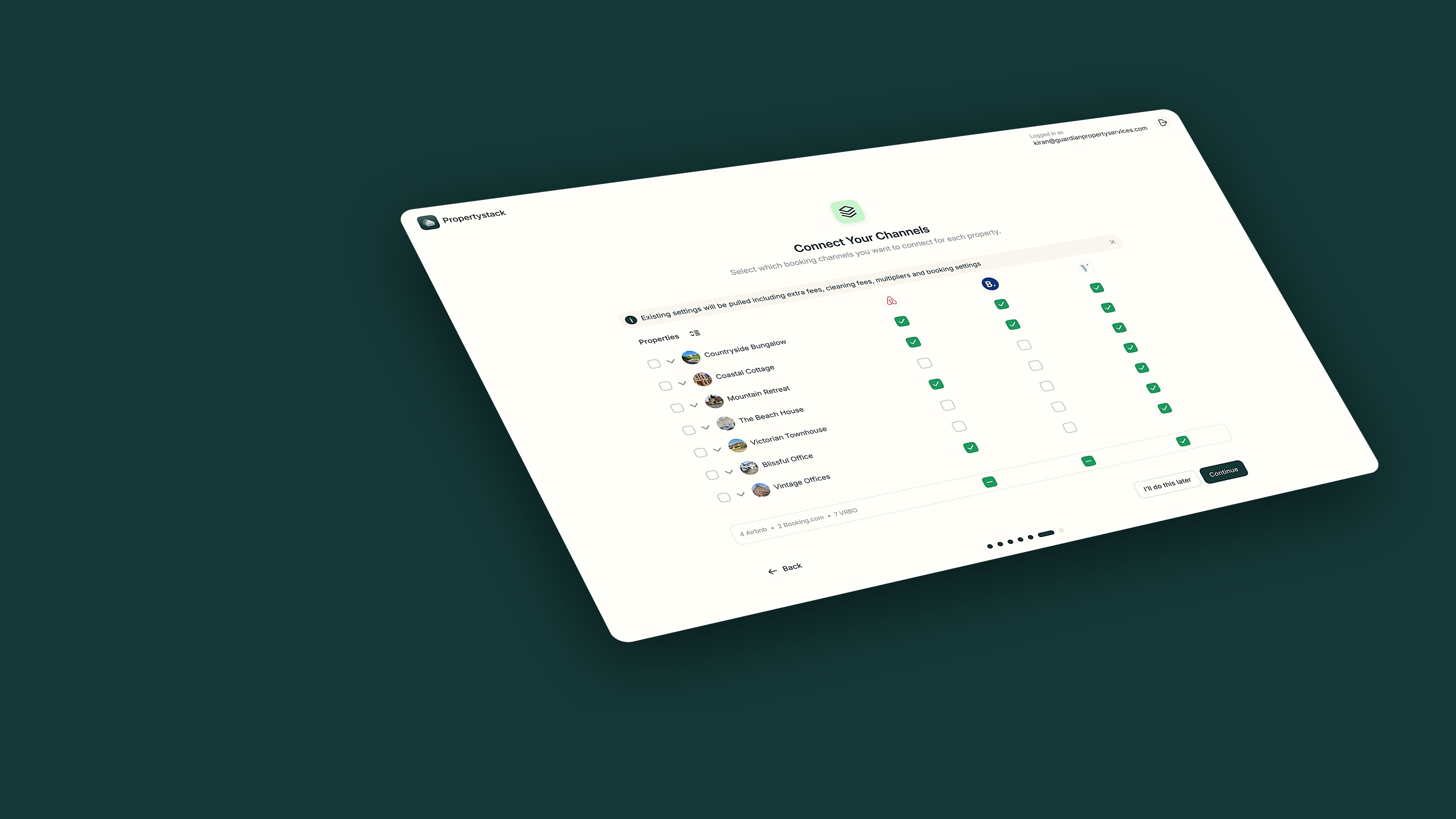 Channel setup matrix with per-property Airbnb and Booking.com checkboxes, angled on a deep teal background