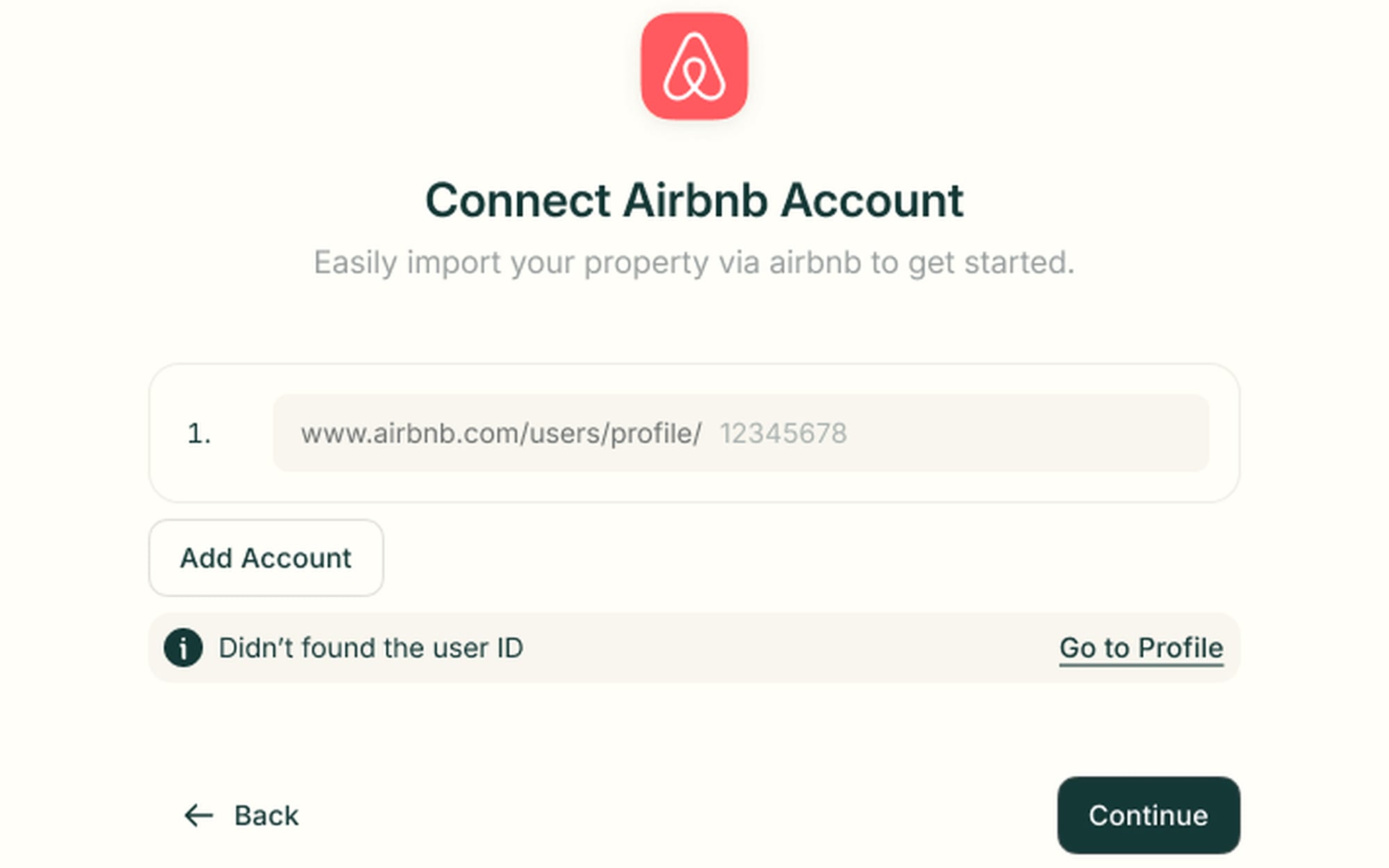 Connect Airbnb Account step with a profile URL field, an Add Account button and a Go to Profile shortcut