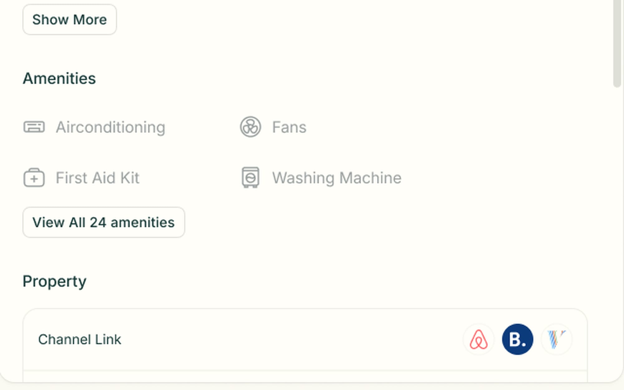 Property drawer with imported amenities and a Channel Link row showing Airbnb, Booking.com and Vrbo icons