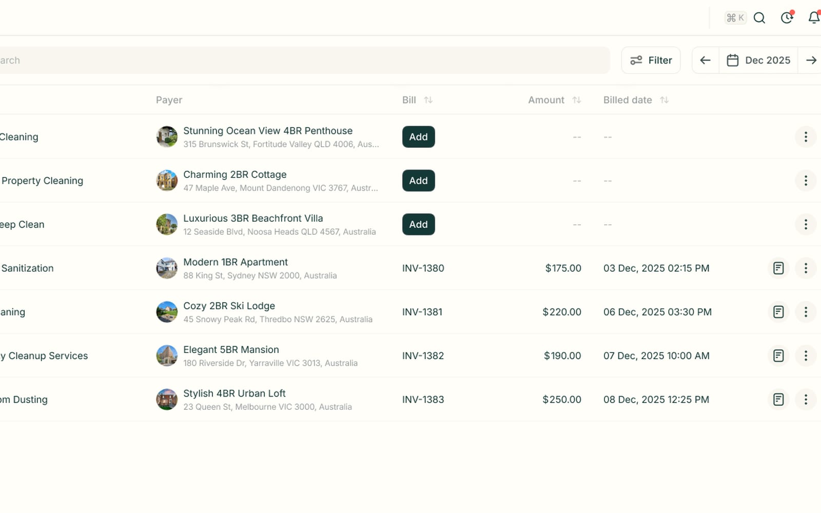 Contractor billing list with Add buttons on unbilled jobs and invoices showing amounts and billed dates