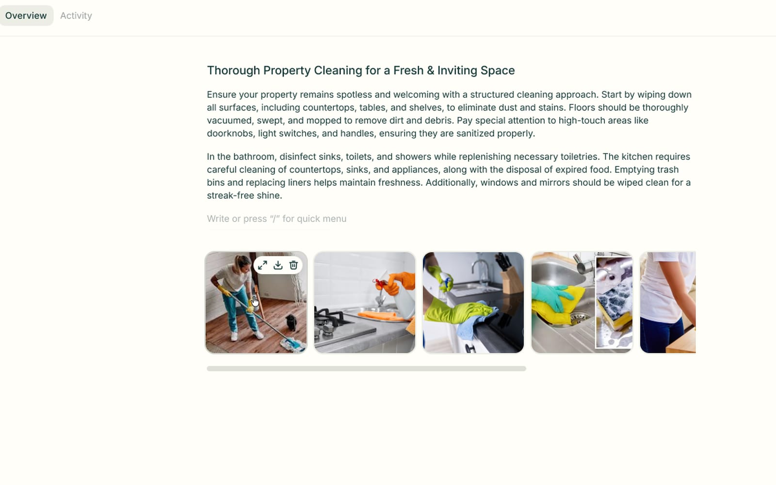 Task record with a written cleaning brief above a strip of photo attachments with expand and download controls