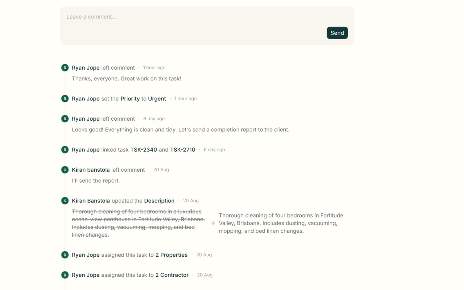 Activity feed with timestamped comments, a priority change and a description edit shown as a before-and-after diff