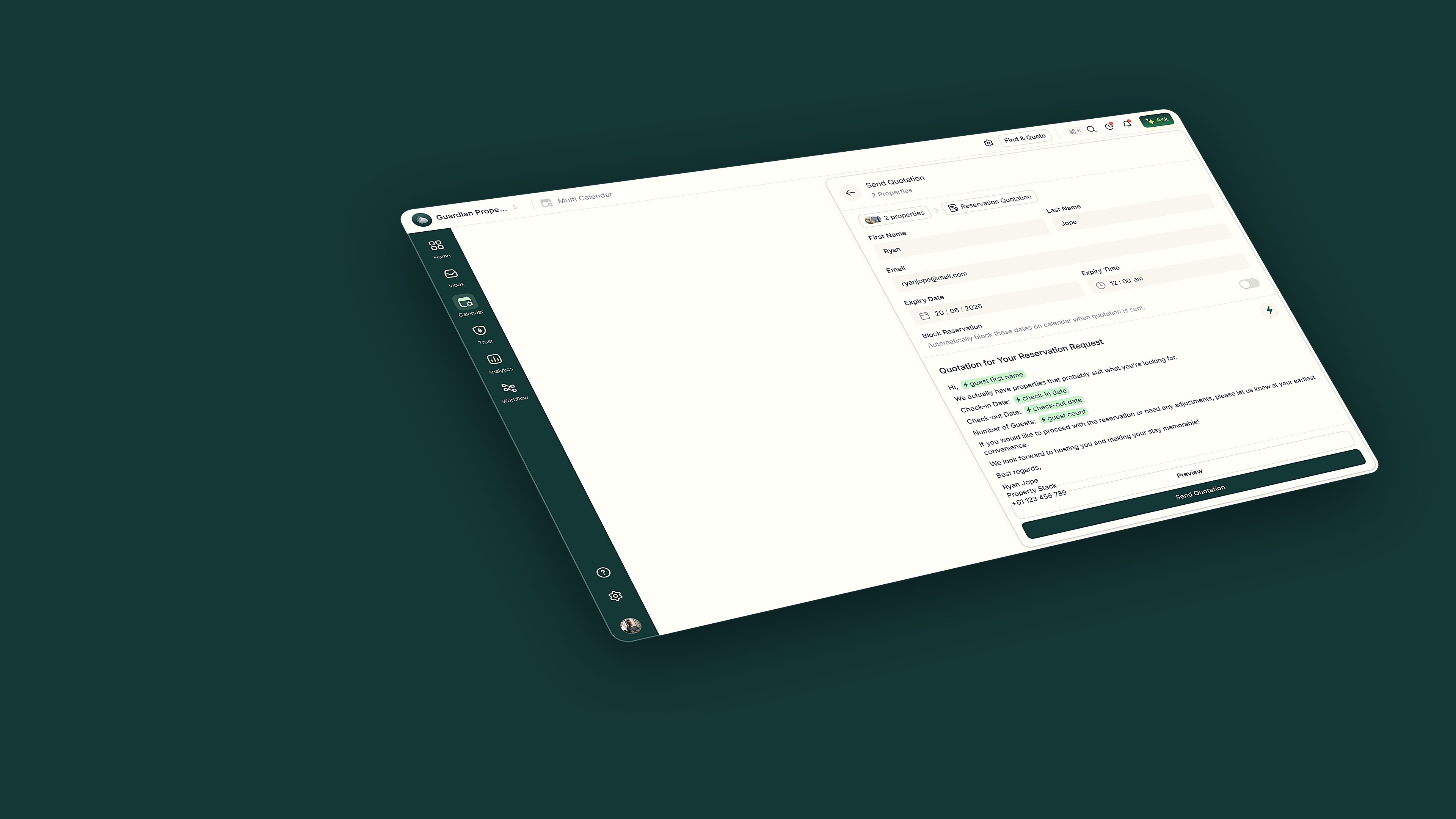 The Send Quotation form angled on deep teal, with guest details, a block-dates toggle and a merge-tag email draft