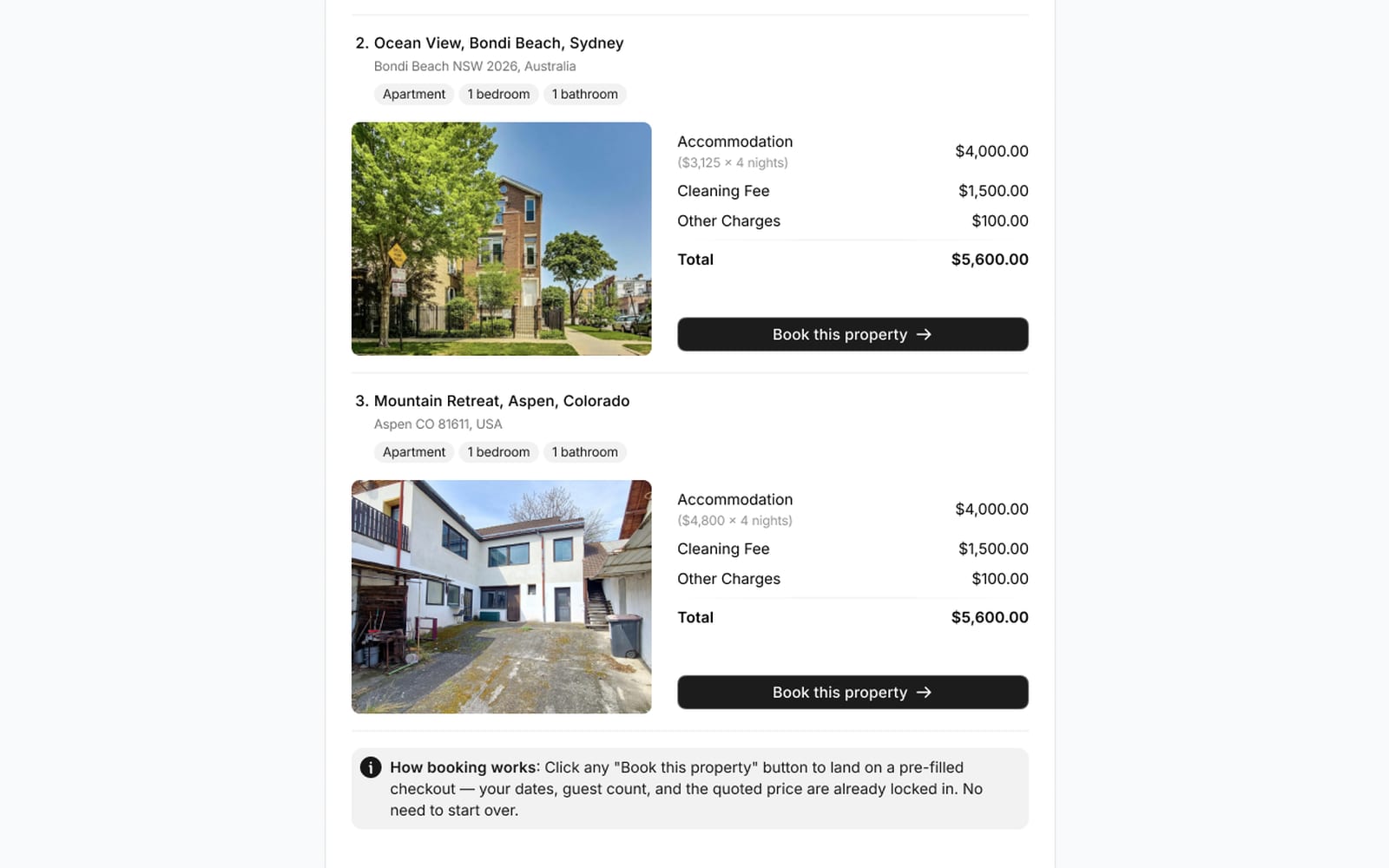 Two quoted properties with itemized accommodation, cleaning and total pricing, each with a Book this property button