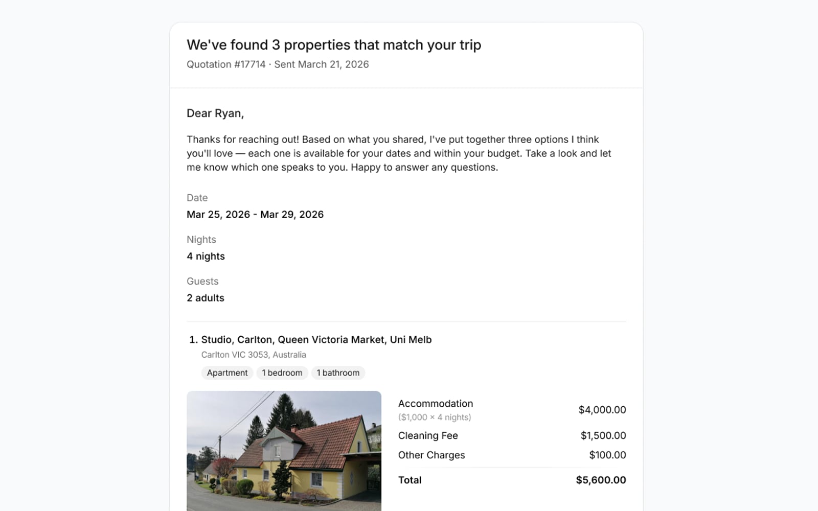 Quotation email header with the quotation number, a personal greeting and the trip's dates, nights and guests