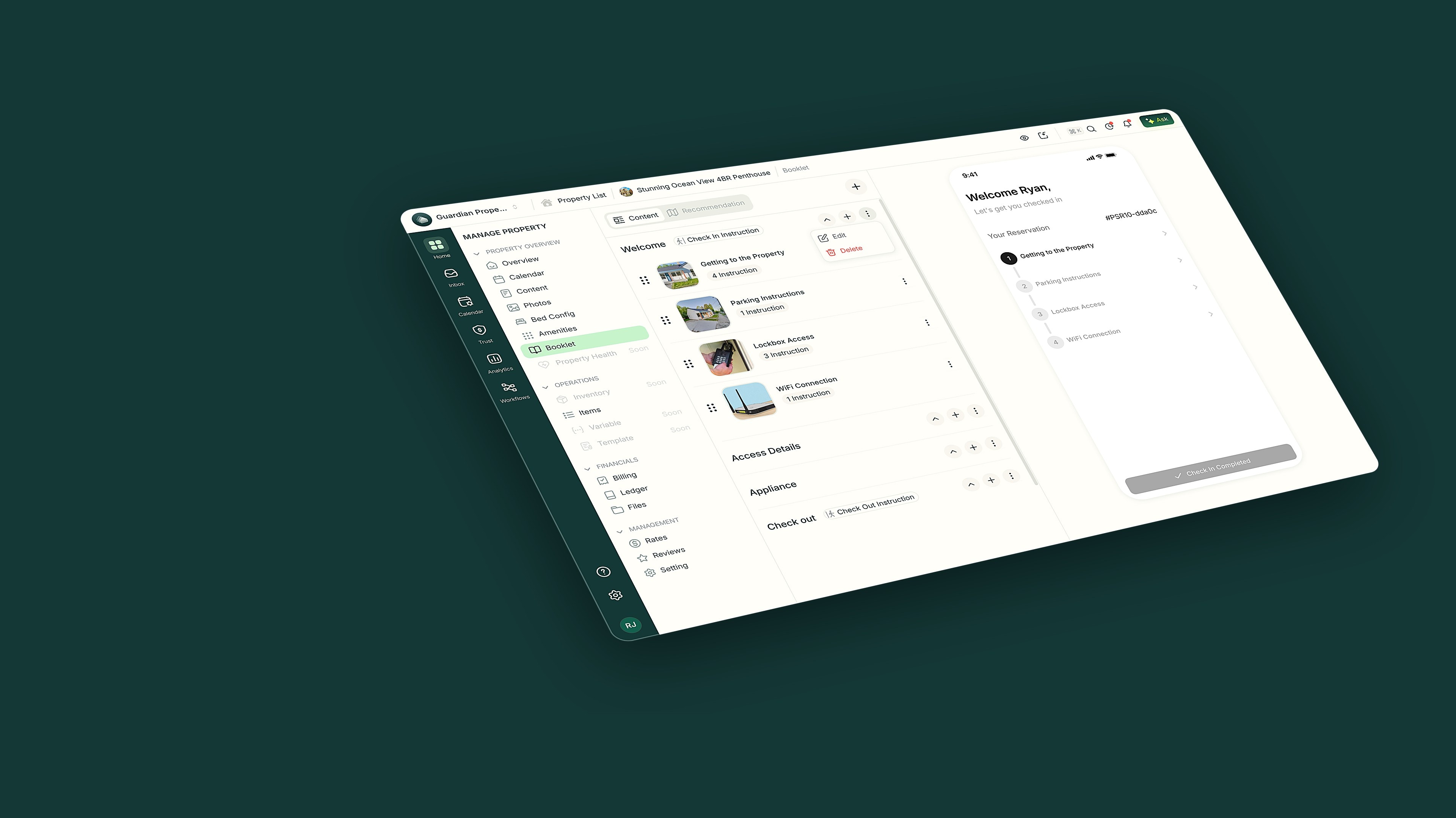 Booklet editor with coffee machine, oven and dishwasher guide sections, angled on a deep teal background