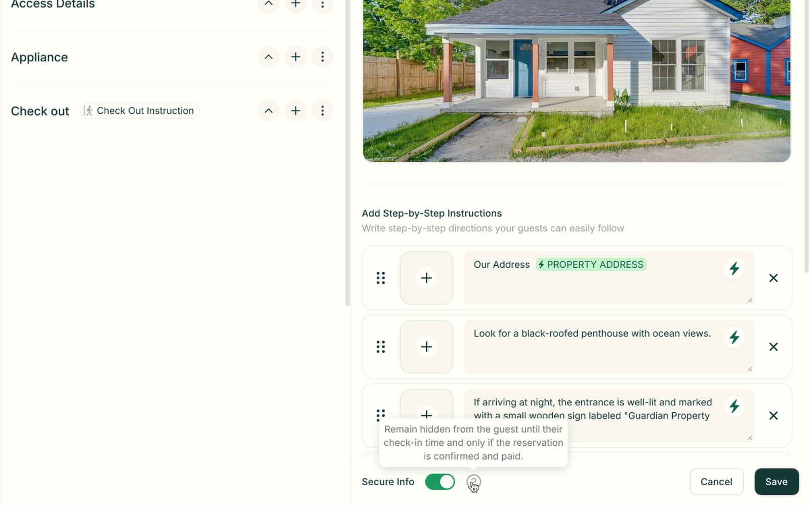 Guidebook editor with arrival steps, a green property address variable chip and the secure info toggle with its tooltip