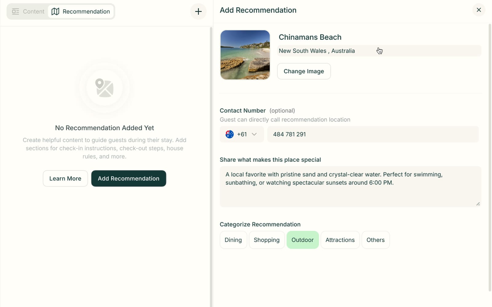 Add recommendation panel with a Chinamans Beach photo, a short description, contact number and category chips