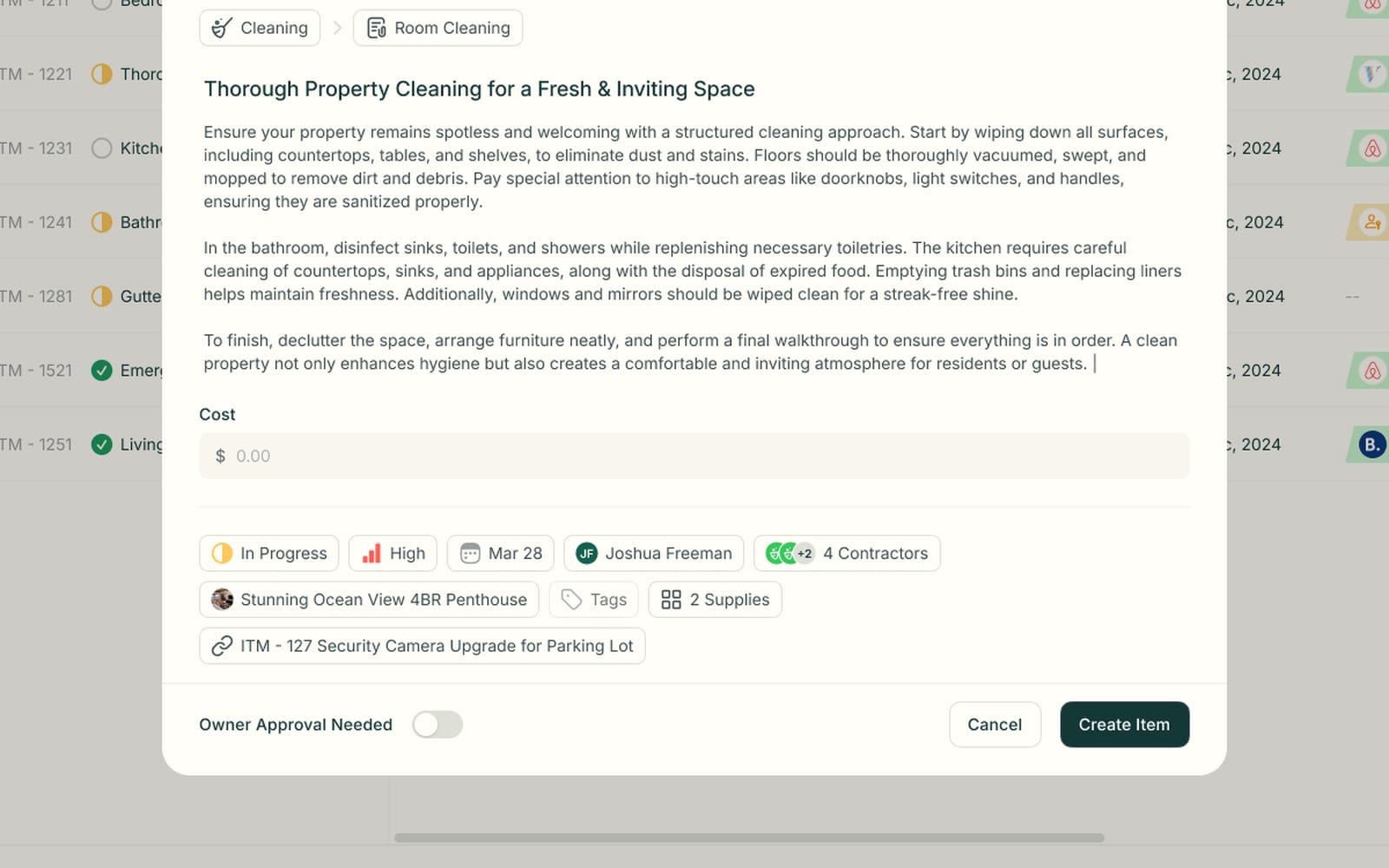 The create-item form with cost, priority and due-date chips, four assigned contractors and the owner-approval toggle