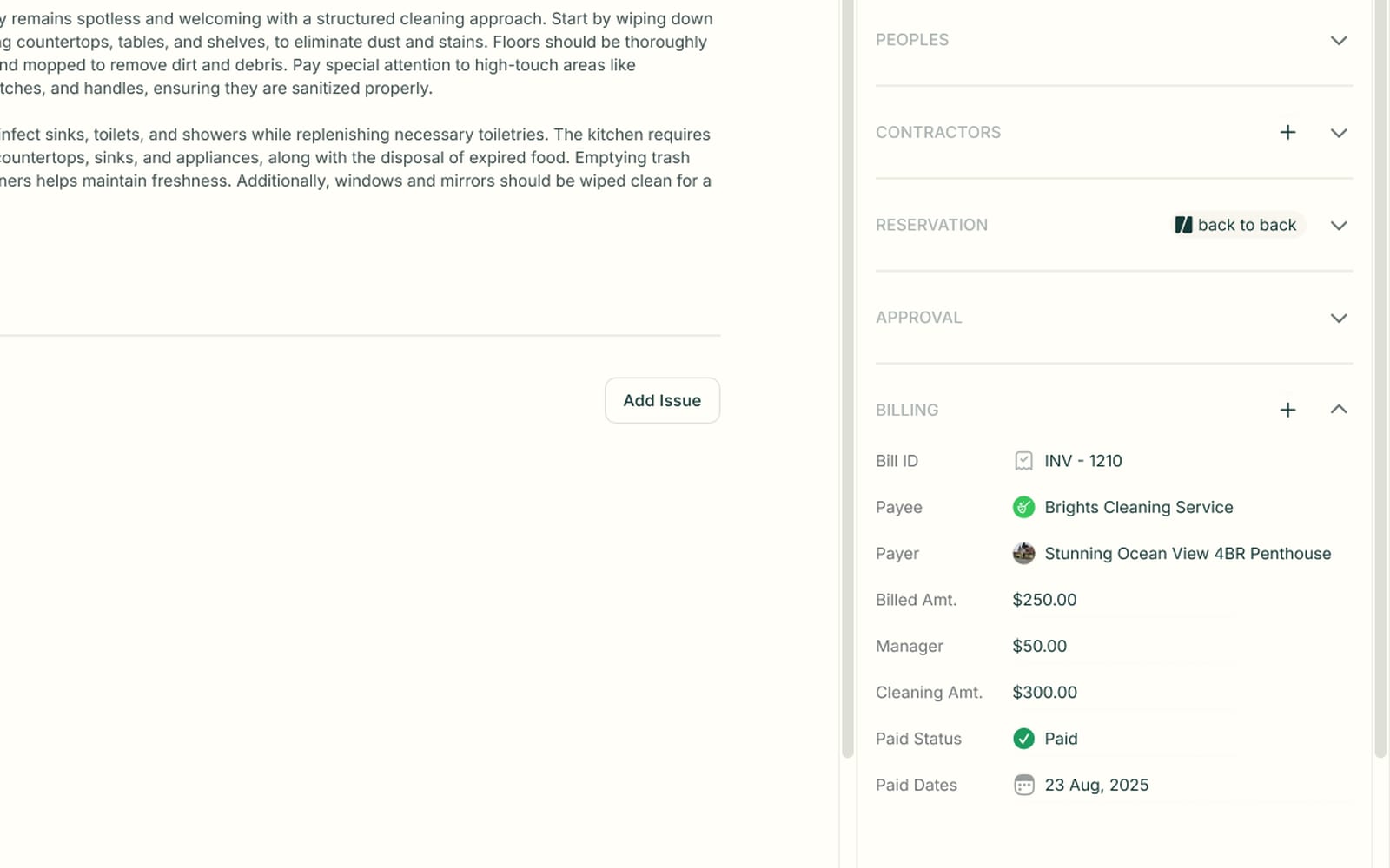 Item sidebar with billing expanded — bill ID, payee, itemized amounts and a green paid status with its date