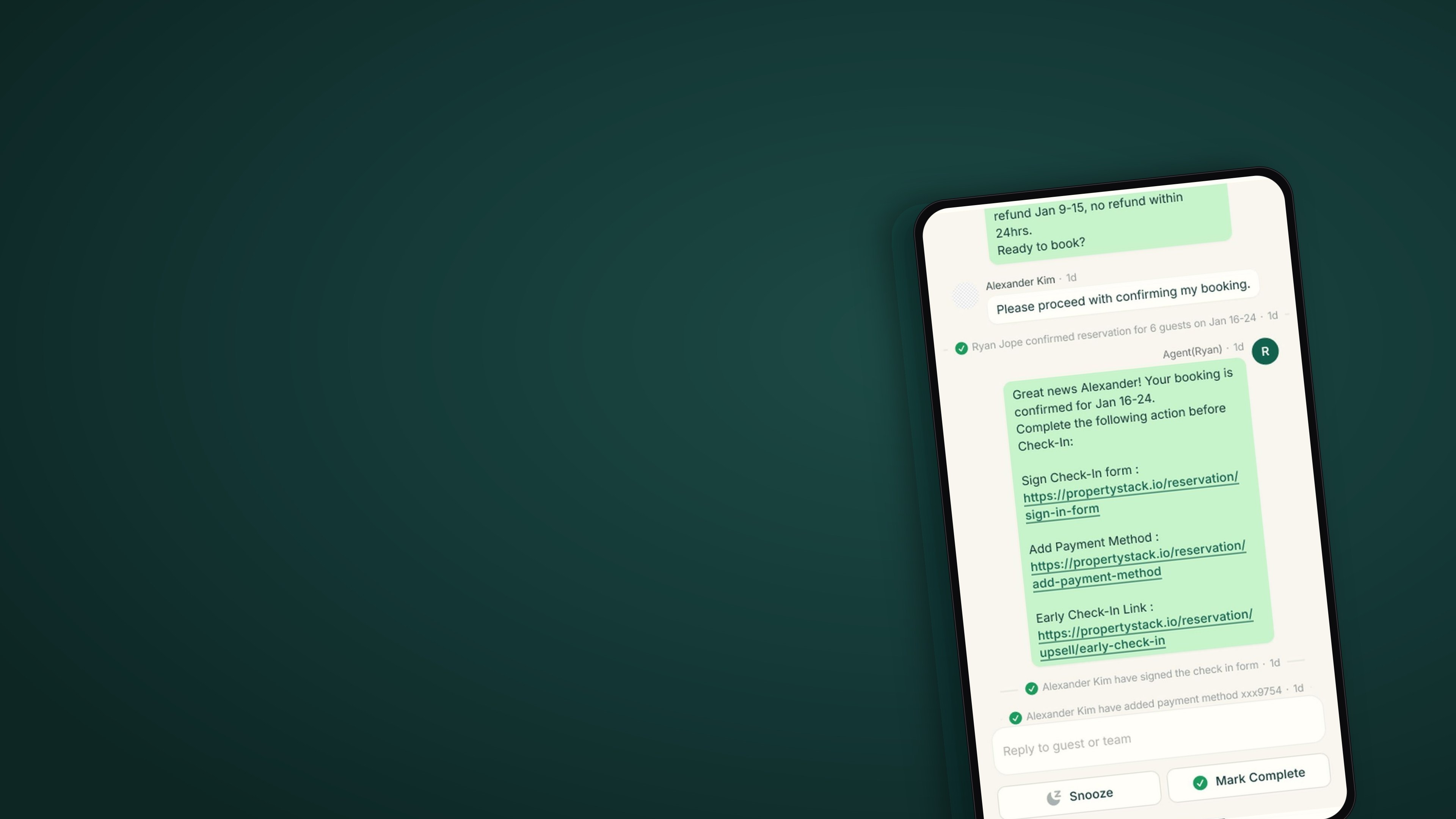 The PropertyStack app on a deep green background, showing a guest thread with a confirmed booking and check-in links