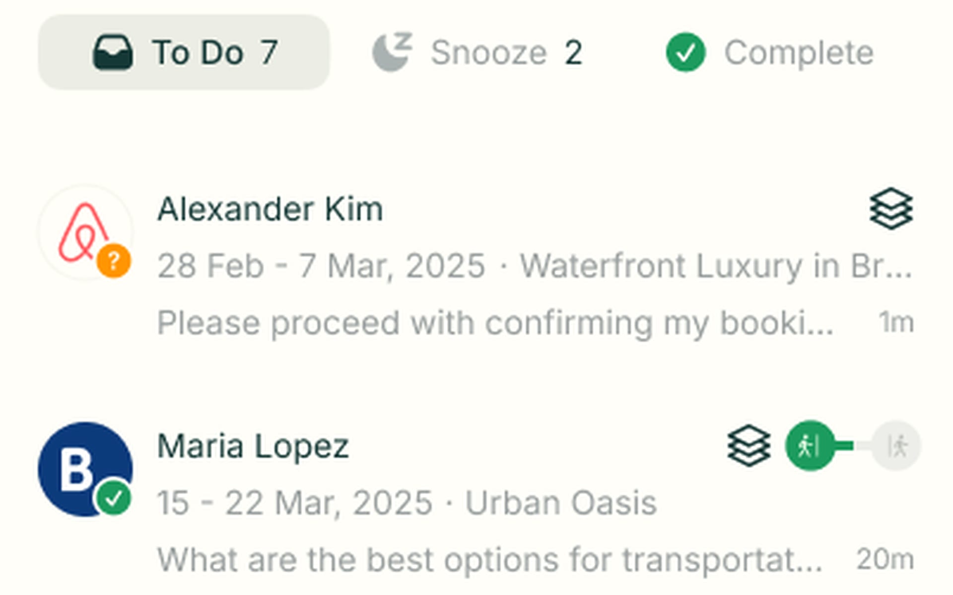 Mobile inbox queue with To Do, Snooze and Complete tabs and guest threads showing stay dates and property names