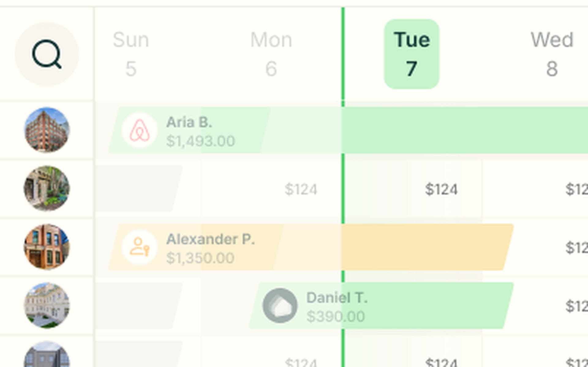 Mobile calendar grid with reservation bars showing guest names and prices, nightly rates and today highlighted