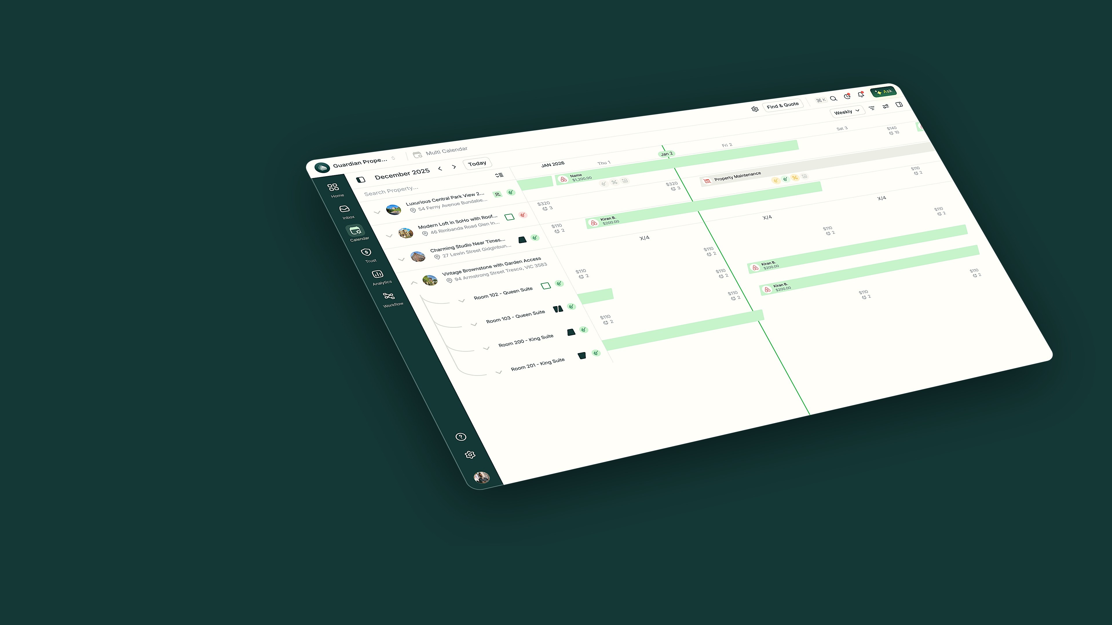 The PropertyStack multi-calendar, slightly angled on a deep teal background, with bookings and rates across the timeline