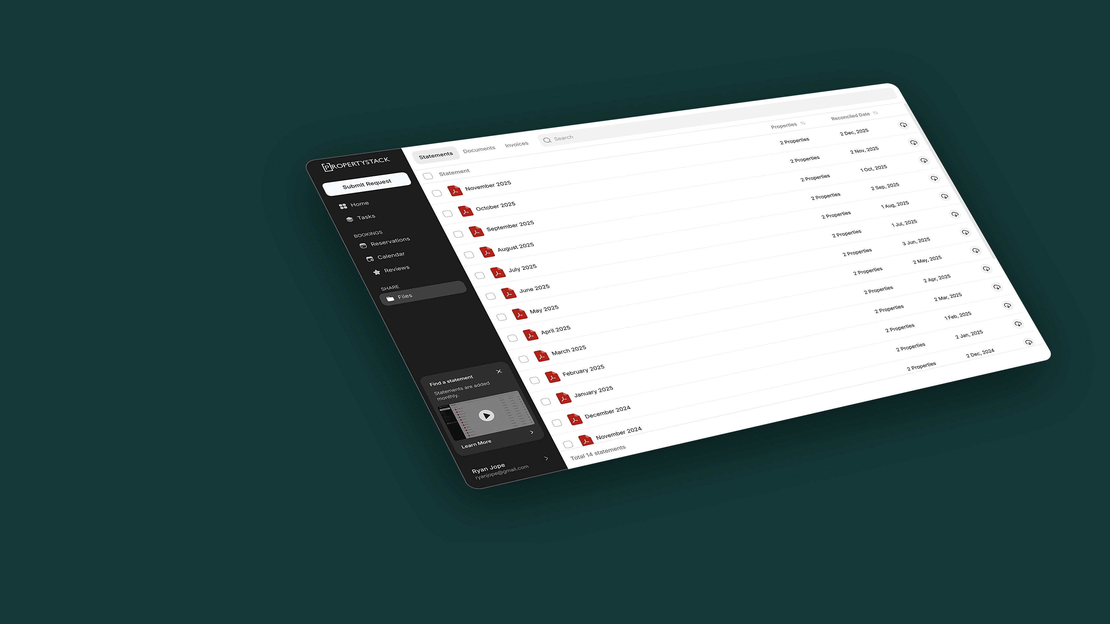 The owner portal angled on a deep teal background, listing a year of monthly statements ready to download