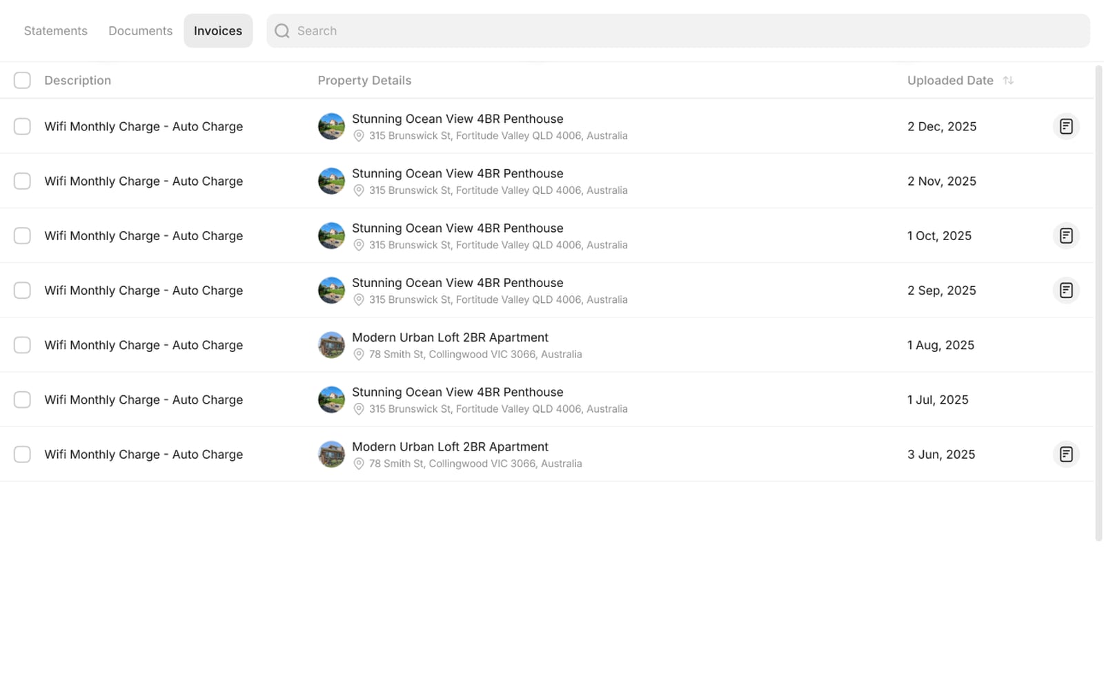 Owner invoices listed with property thumbnails, addresses and upload dates in the Files tab