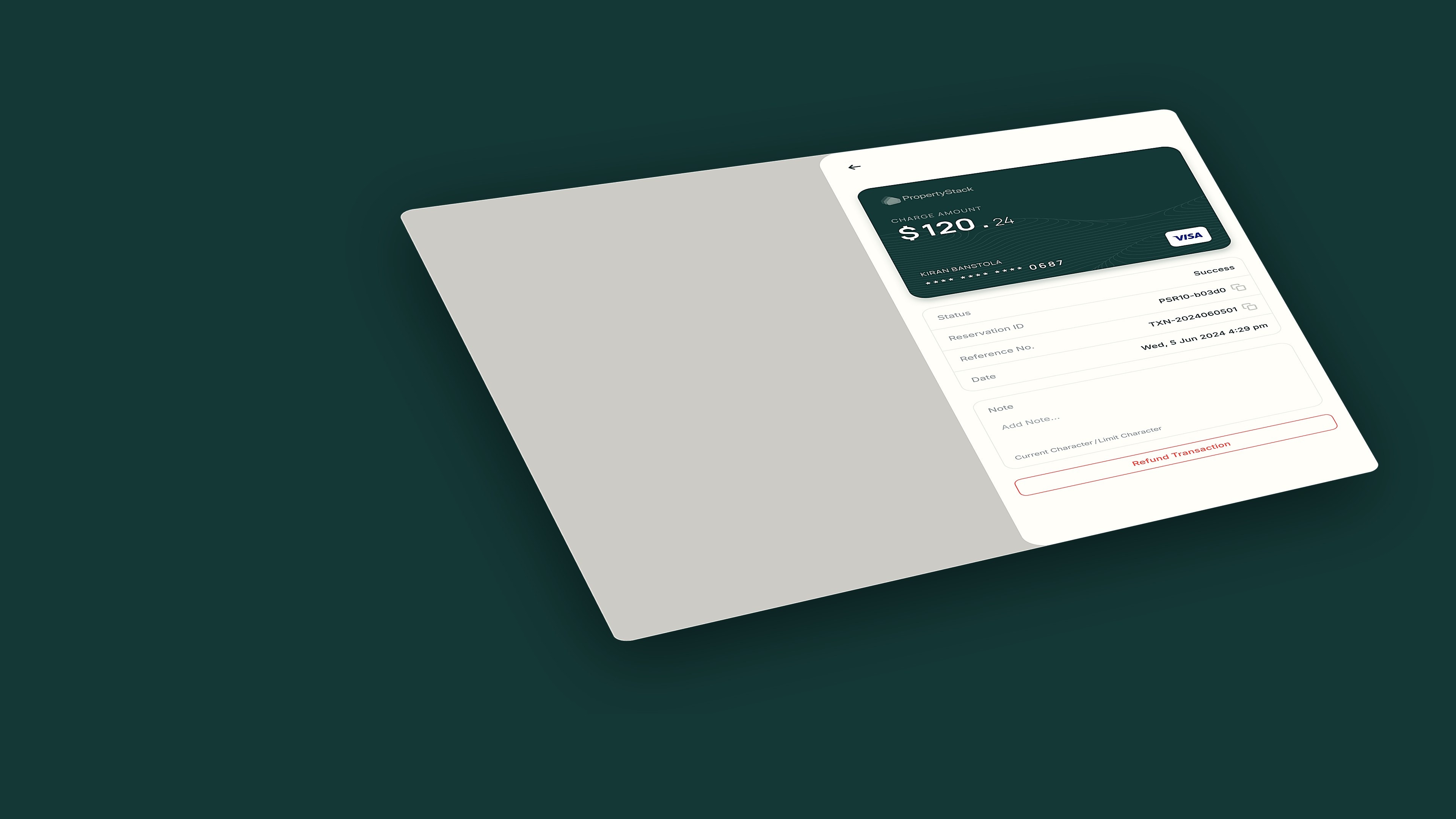 Payment drawer showing a successful charge on a PropertyStack-branded card, angled on a deep teal background
