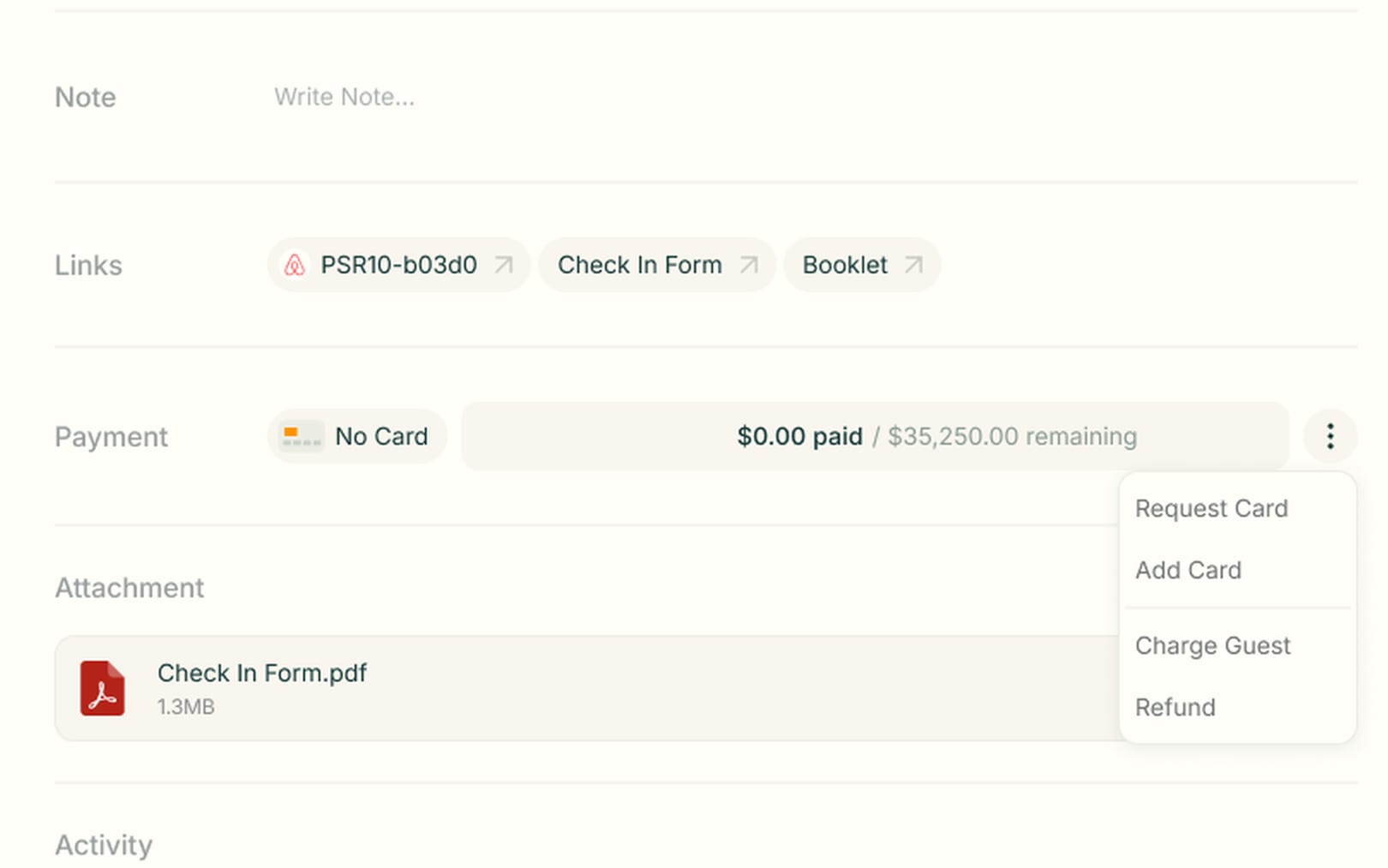 Reservation payment row with paid and remaining amounts and a menu to request card, add card, charge guest or refund