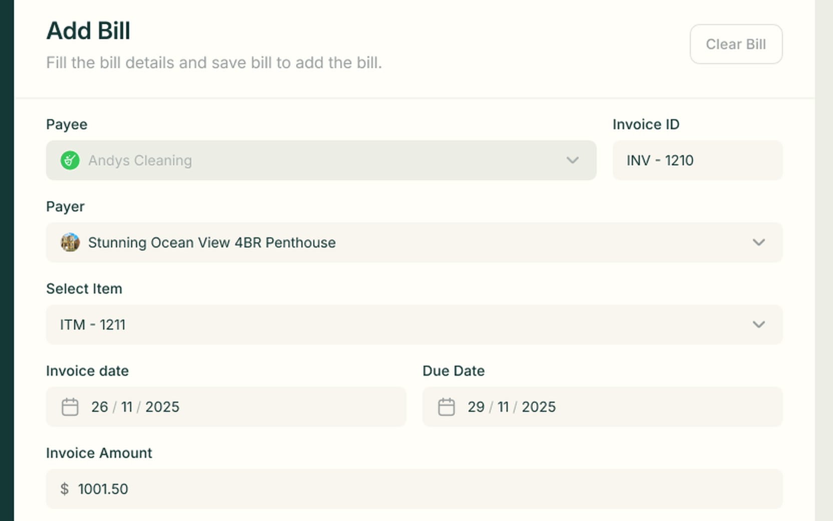 Contractor Add Bill form with payee, invoice ID, payer property, linked item, dates and invoice amount