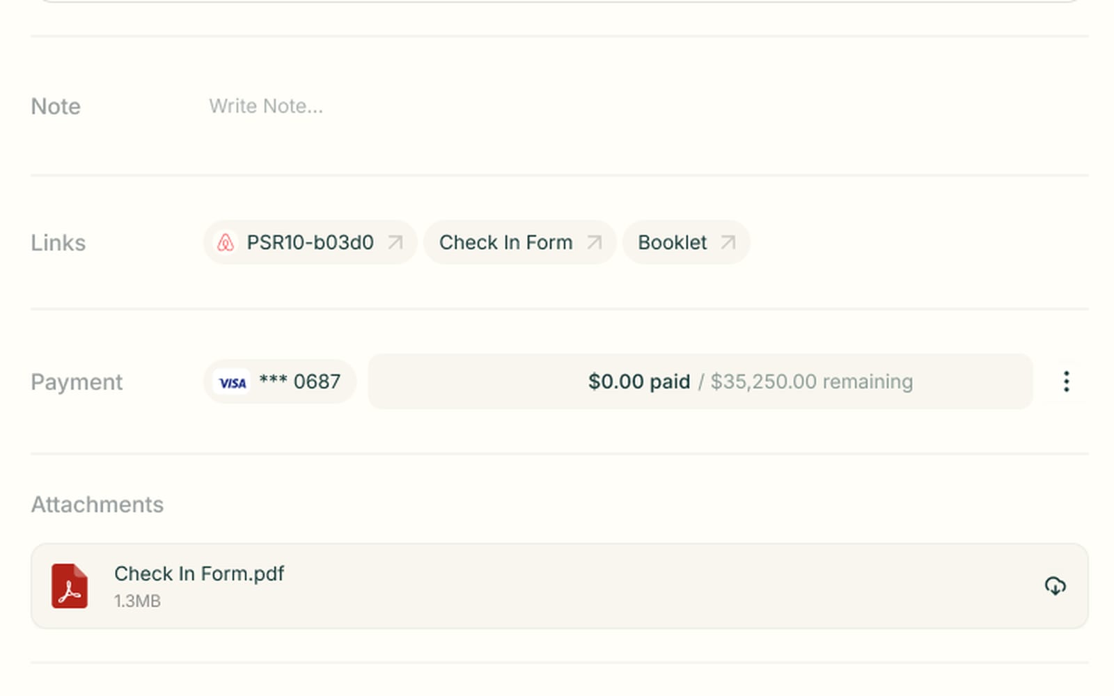 Reservation record with check-in form and booklet links, a card on file with balance remaining, and a form attachment