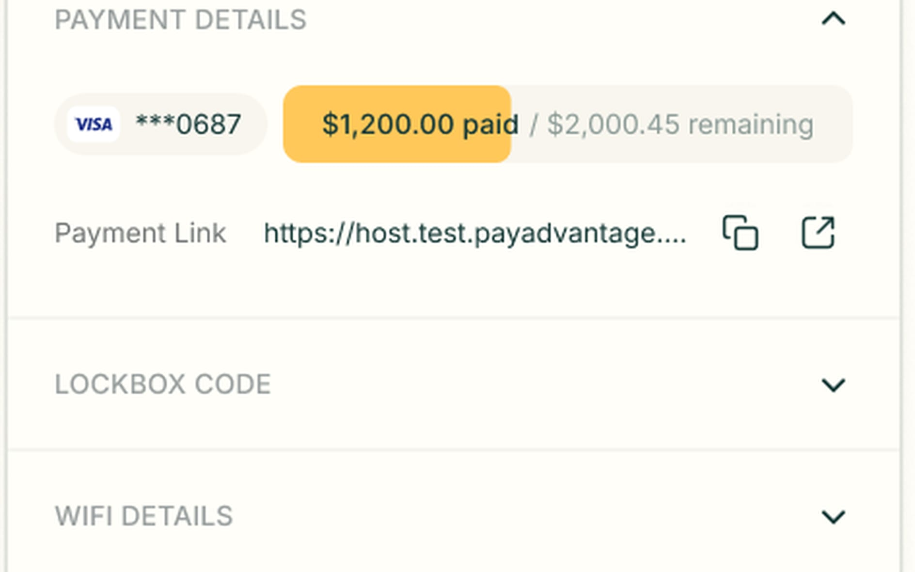 Reservation sidebar with lockbox code and Wi-Fi sections directly below the guest's payment details