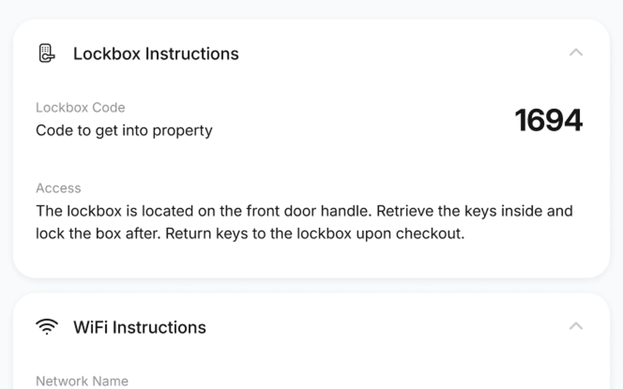 Guest check-in screen with lockbox code 1694, where to find the box, and Wi-Fi instructions beneath