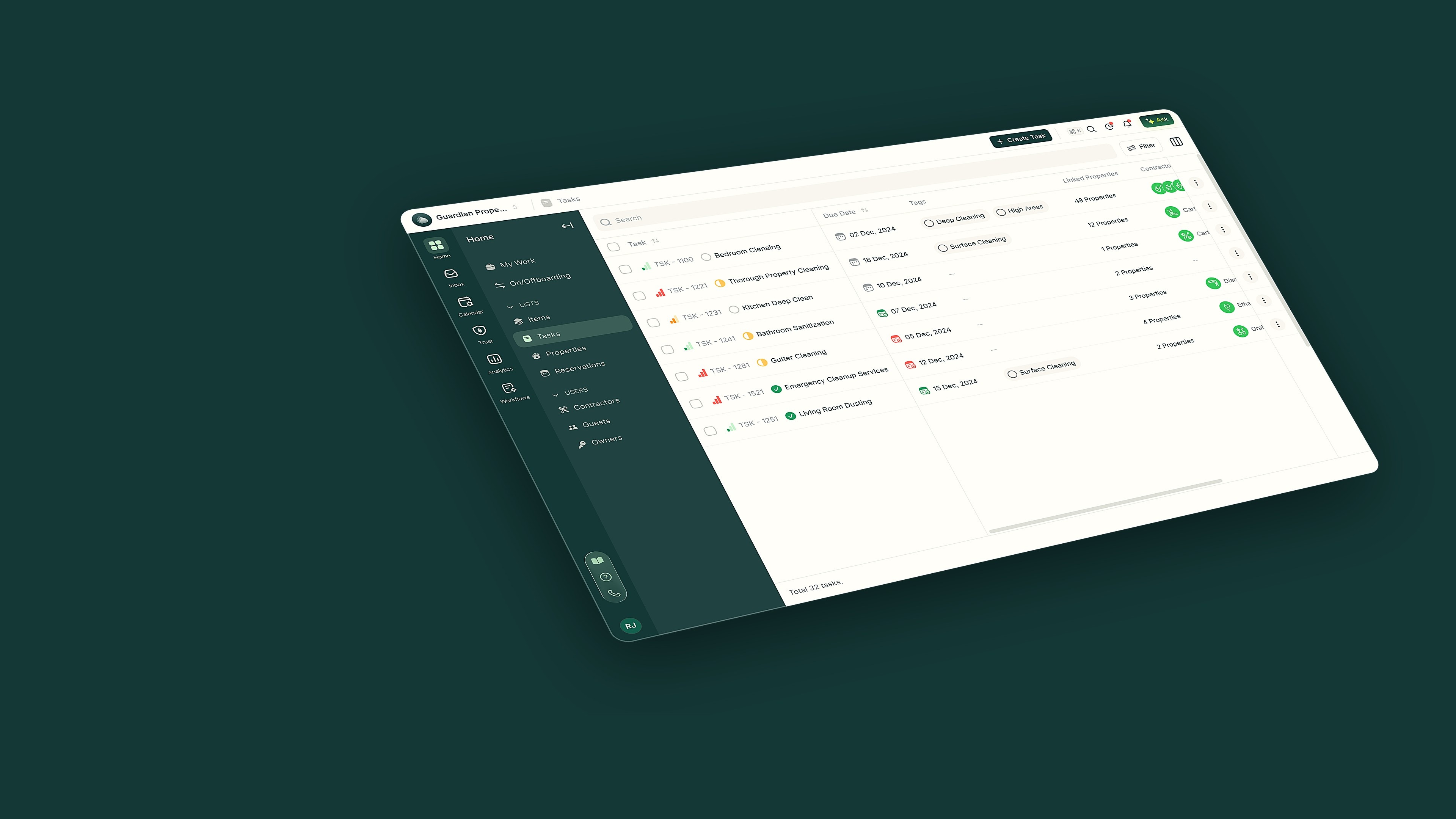 The PropertyStack tasks board, slightly angled on a deep teal background, with due dates, statuses and cleaning tags