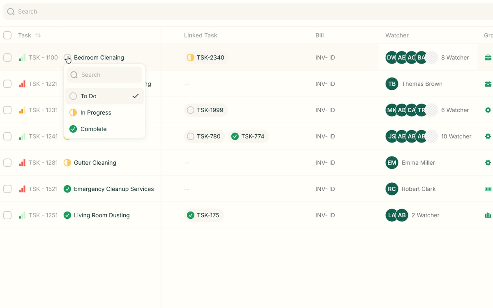 Status dropdown open on a cleaning task with To Do checked, beside linked task chips and watcher avatars