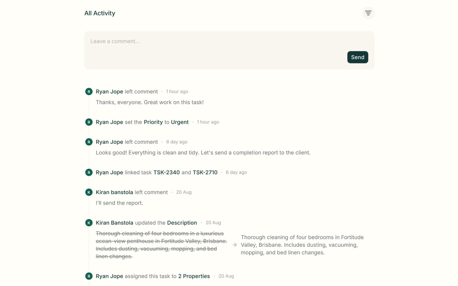 Task activity feed with a comment box, team comments, a priority set to urgent and a description edit