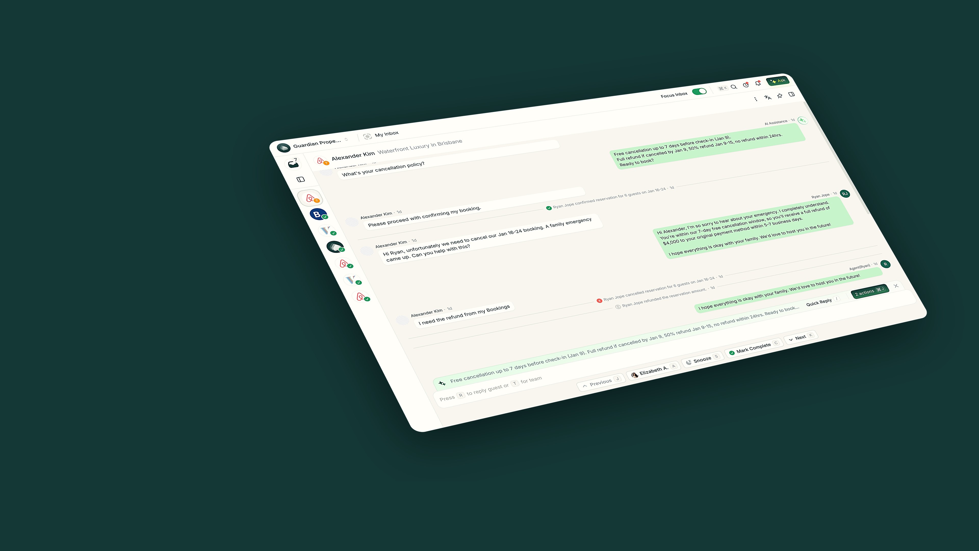 The PropertyStack inbox, slightly angled on a deep teal background, showing guest threads from every channel