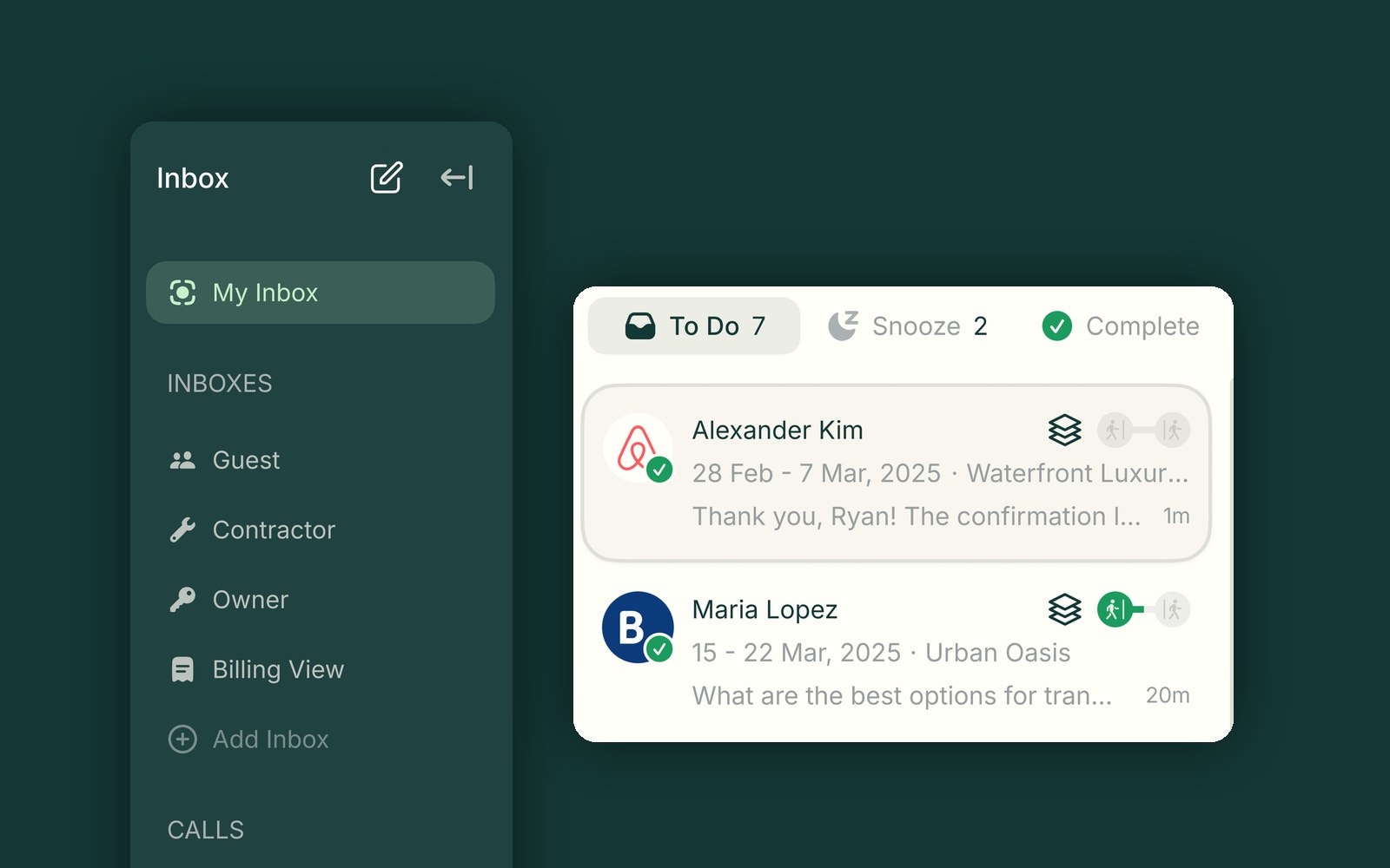 The inbox sidebar component with guest, contractor, owner and billing inboxes, beside two guest conversation cards