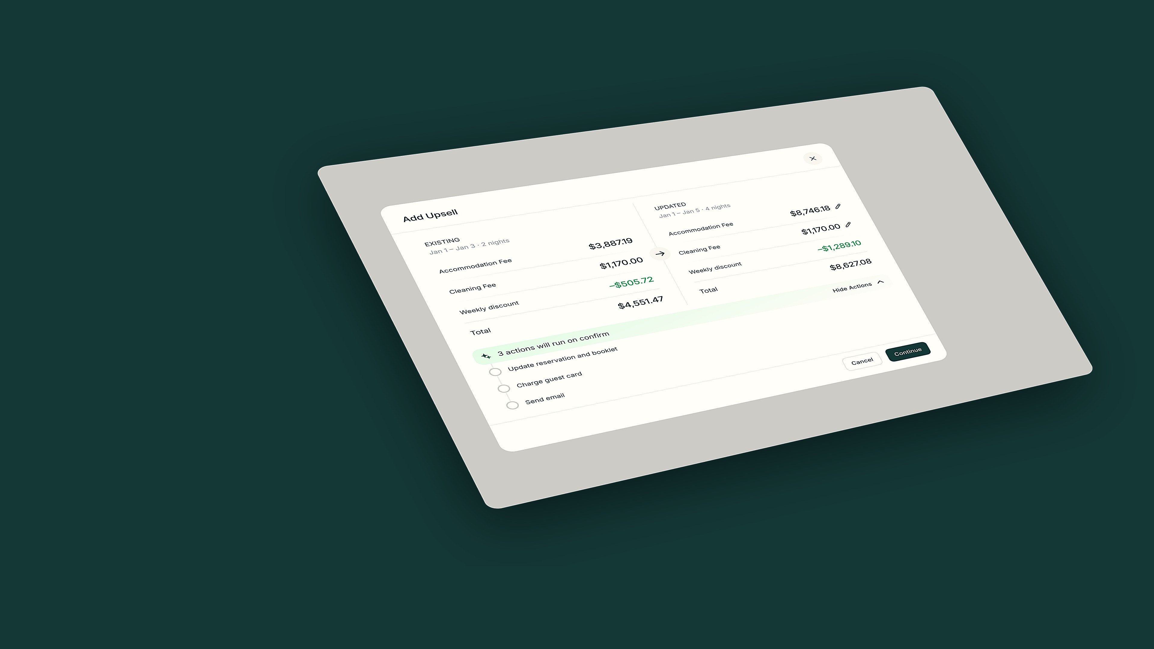 The Add Upsell modal angled on a deep teal background, comparing existing and updated stay totals before confirm
