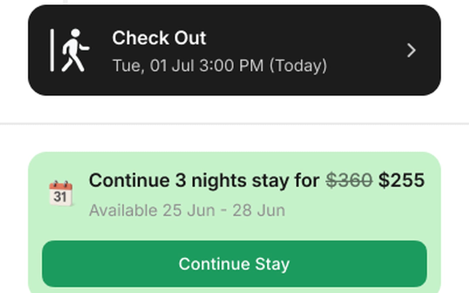 Guest guidebook showing a checkout reminder and an offer to continue the stay three nights at a discounted price