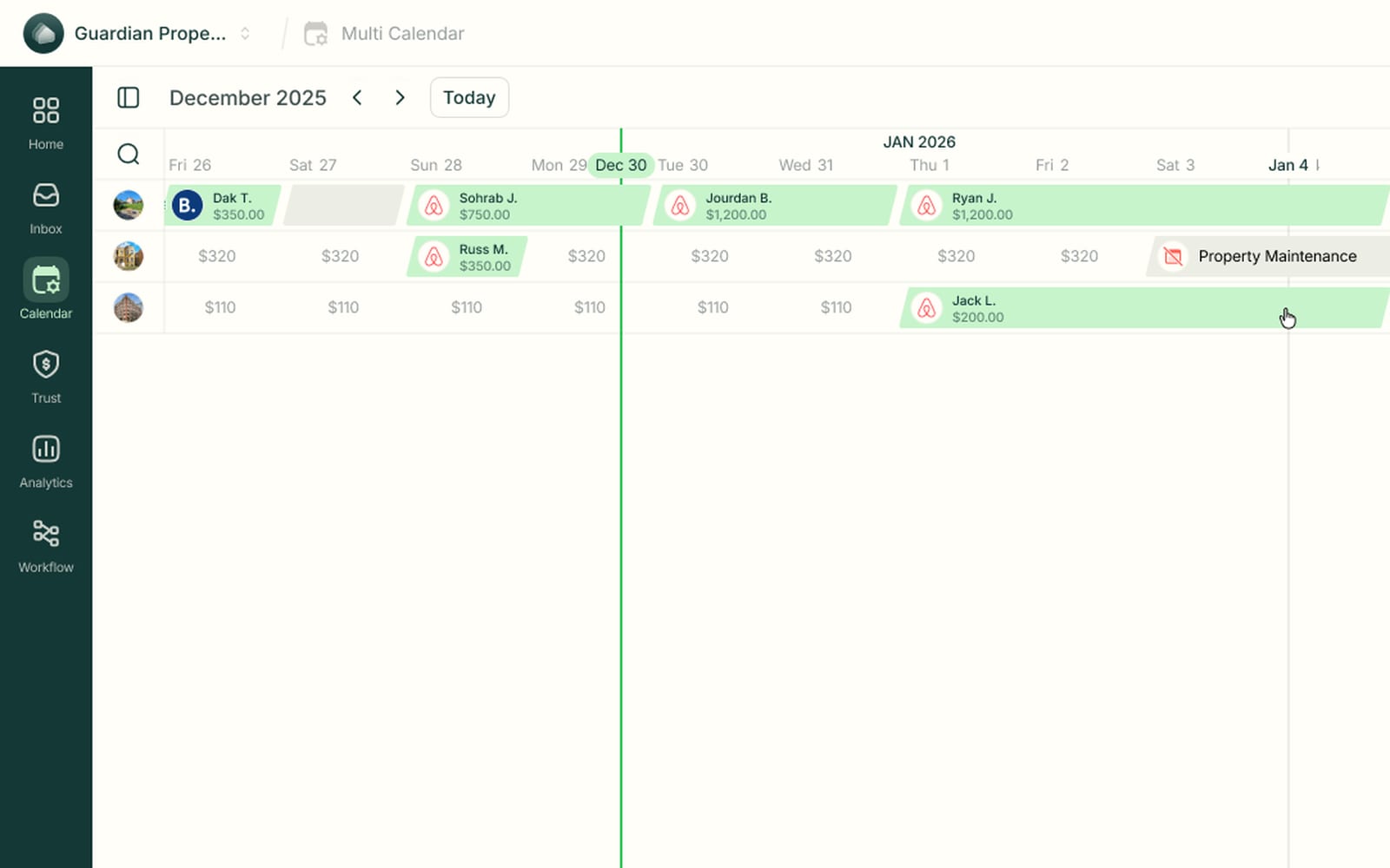 Monthly multi-calendar with priced reservation bars from Airbnb and Booking.com, nightly rates and a maintenance block