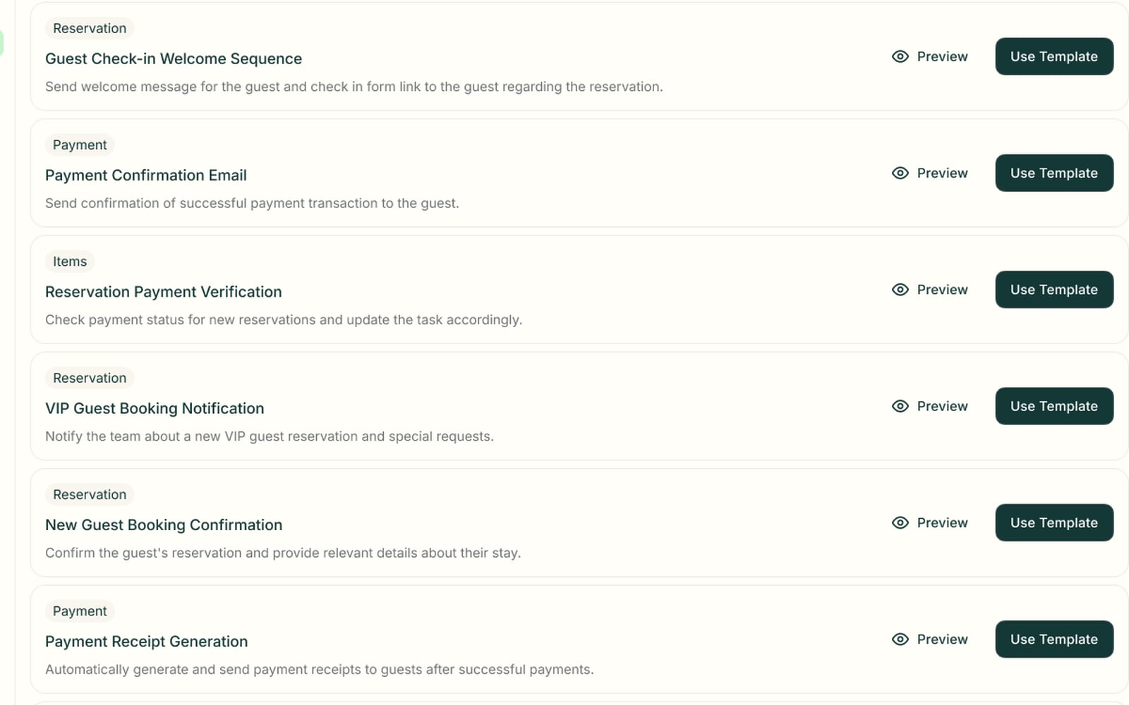 Template cards for guest check-in welcome, payment confirmation and VIP booking workflows, with preview and use buttons