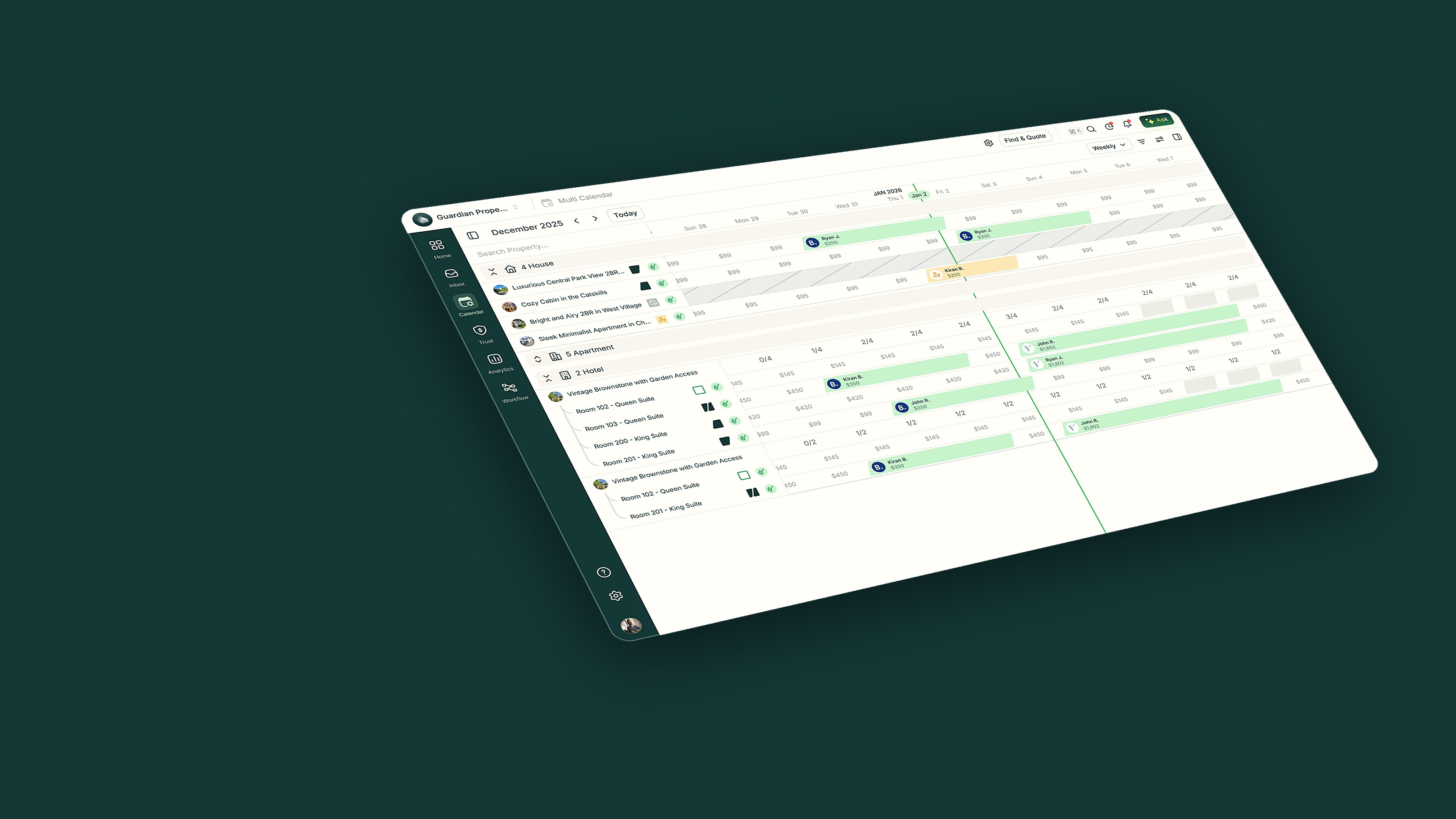 Group calendar on deep teal with a hotel expanded into queen and king suite rows, occupancy counts and channel-badged stays