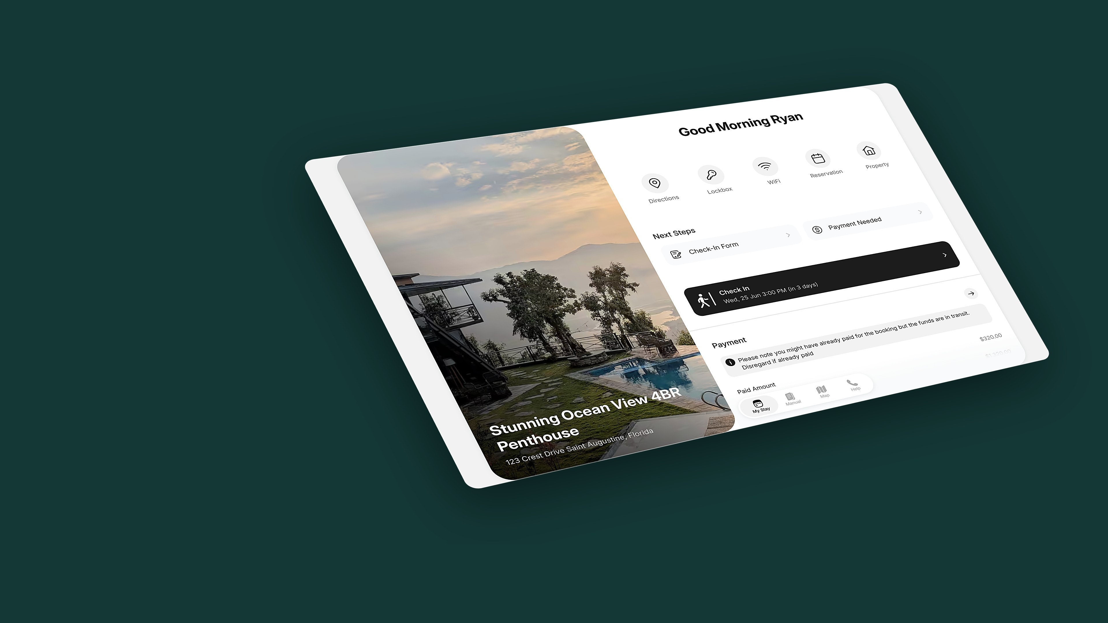 Guest web booklet with a property photo beside directions, lockbox and WiFi shortcuts, next steps and a check-in banner