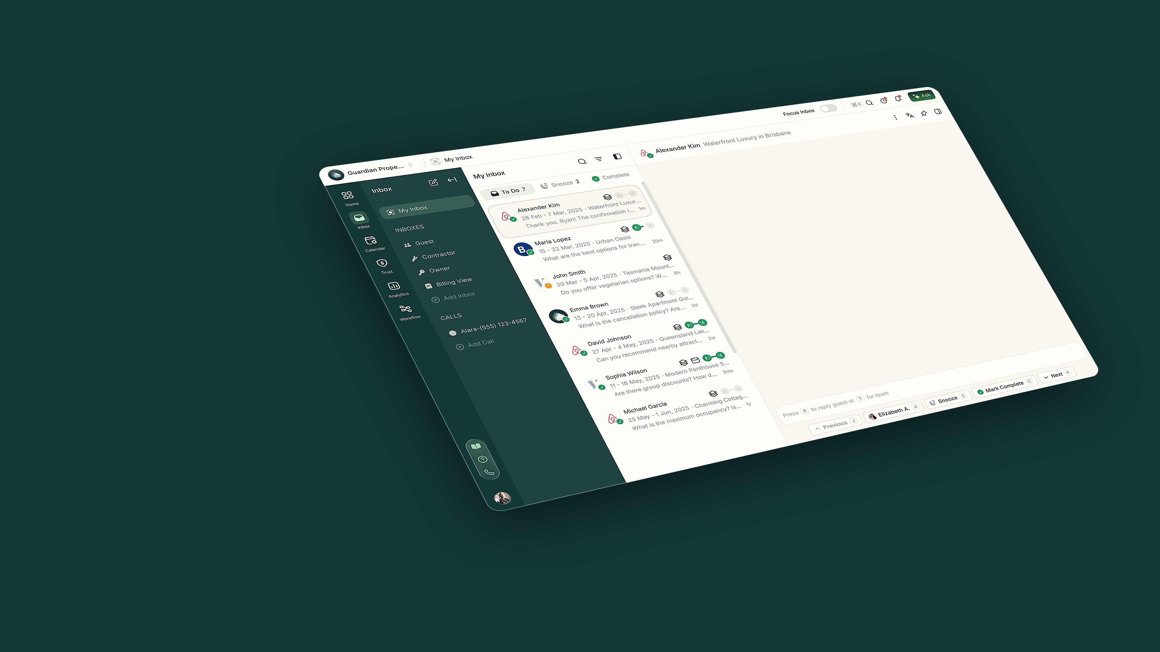 PropertyStack's inbox angled on deep teal: Airbnb and Booking.com guest threads in a To Do queue, AI phone line below